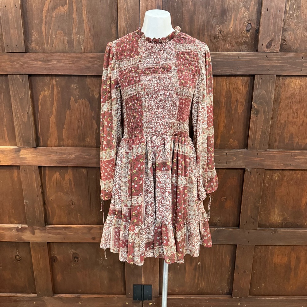 Smocked Ruffle-Neck Long-Sleeve Patchwork Dress - Rust